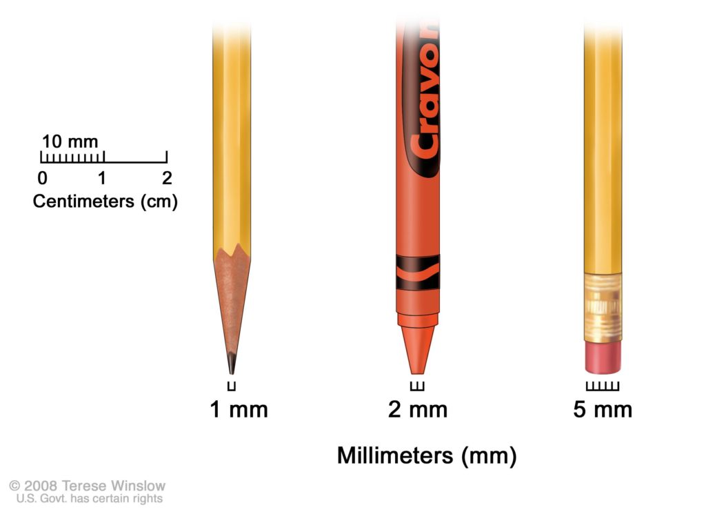 Millimeters (mm). A sharp pencil point is about 1 mm, a new crayon point is about 2 mm, and a new pencil eraser is about 5 mm.